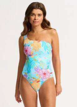 Under The Sea One Shoulder One Piece - Blue Mist