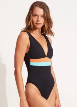 Slice Of Splice Deep V Neck One Piece - Black -Seafolly Sales Store 11067 990 Black 3